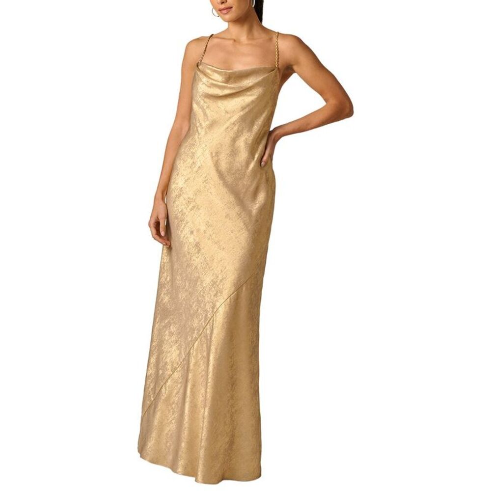 Adrianna Papell Womens Foiled Chiffon Long Dress, Gold